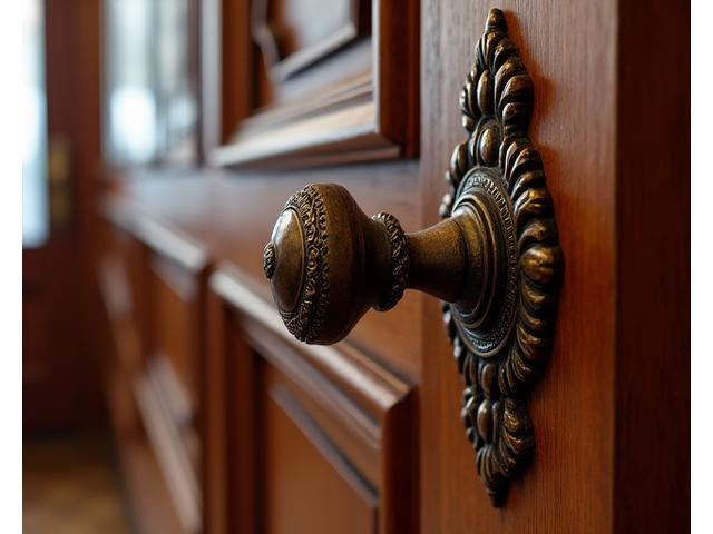Ornate, restored vintage wooden door with original hardware, reflecting historical grandeur.